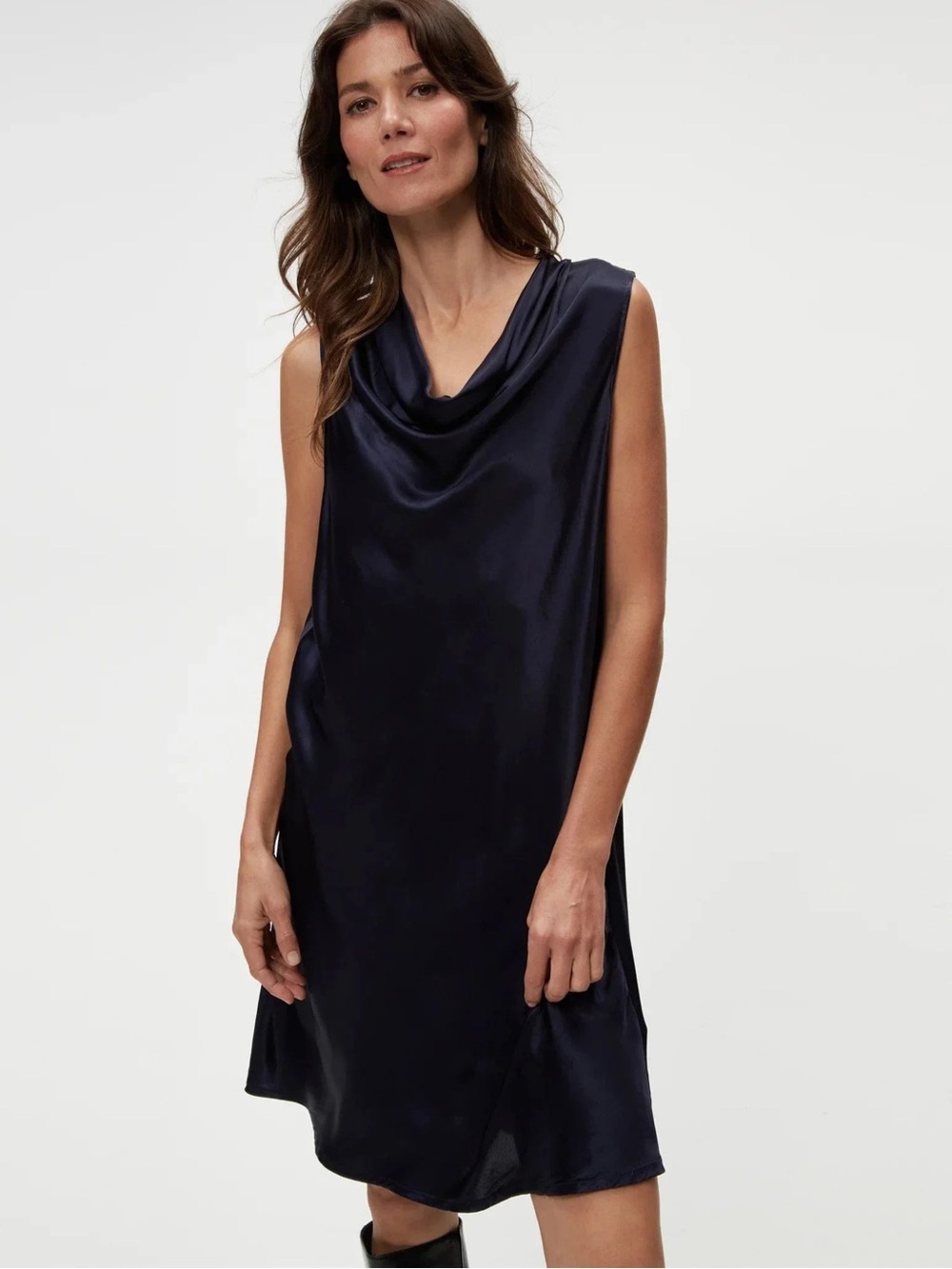 Michael Stars Navy Satin Draped Neck Sweater Dress